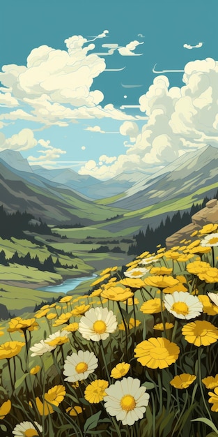Le désert sublime Art détaillé de la bande dessinée Des fleurs jaunes et des montagnes
