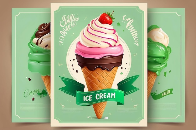 Photo design d'affiche de crème glacée avec un délicieux dessert et un ruban étiqueté sur un fond vert frais