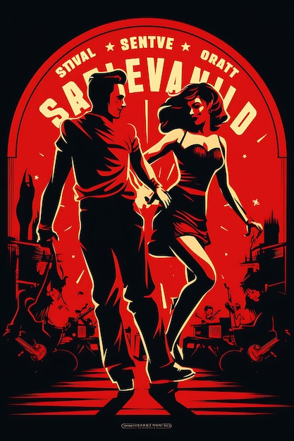 Design d'affiche de danseurs de Rockabilly Revival dans un petit club T-shirt plat 2D noir blanc rouge né vecteur