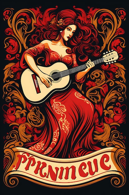 Design d'affiche du club de flamenco Intense danse espagnole et guitare Fiery Reds Vector 2D T-shirt plat