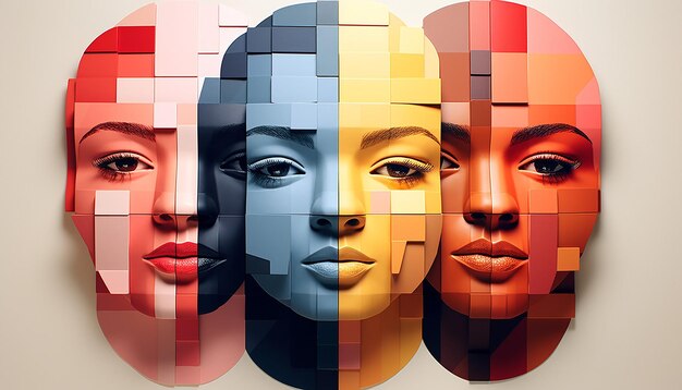 Design d'affiche minimale 3D une mosaïque de petits visages féminins se réunissant pour former une grande image