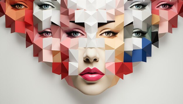 Design d'affiche minimale 3D une mosaïque de petits visages féminins se réunissant pour former une grande image