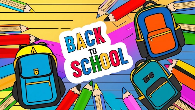 Design d'affiche de retour à l'école avec illustration de sac à dos et le mot bienvenue à l' école