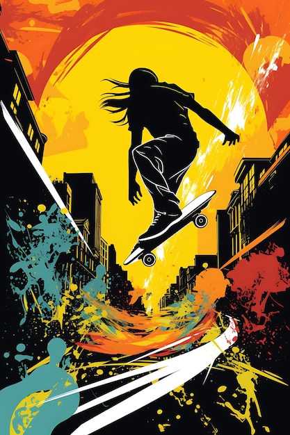 Design d'affiche de skateboarding liberté et créativité schéma de couleurs urbaines avec l'encre plate vectorielle 2D