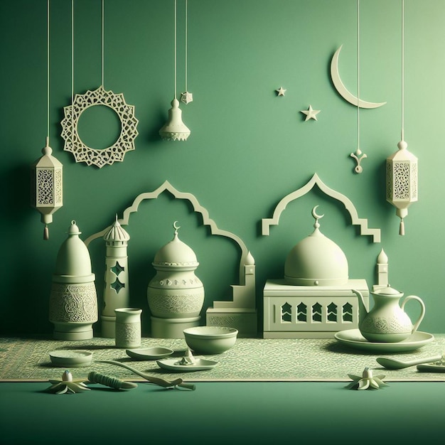 Design d'arrière-plan vert en 3D du Ramadan