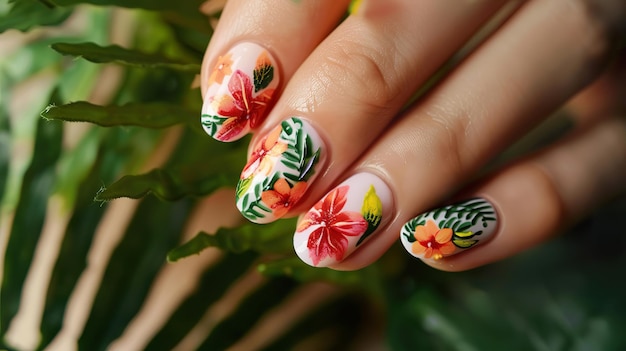 Design d'art des ongles de fleurs tropicales en gros plan