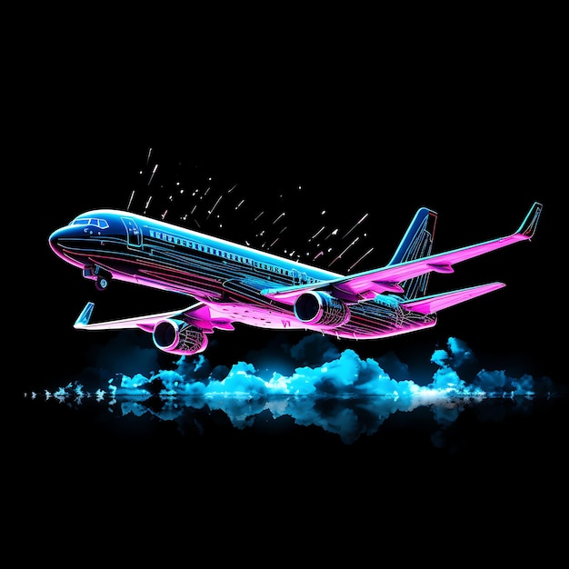 Design de l'avion ciel bleu rayé lignes de néon nuages décorations Poin Clipart T-shirt conception lueur.