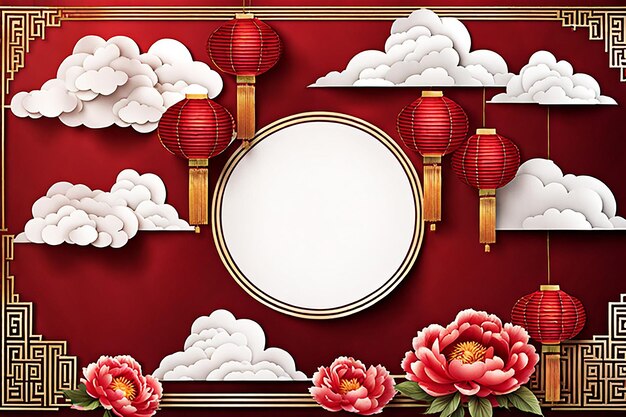 Design de bannière de fond du Nouvel An chinois avec lanterne en papier chinoise peonie en fleur
