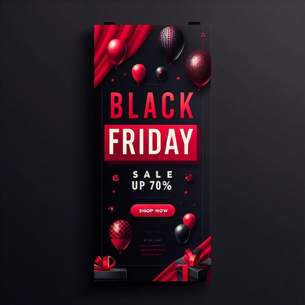 Design de bannière verticale du Black Friday avec des ballons et des cadeaux en vente noire