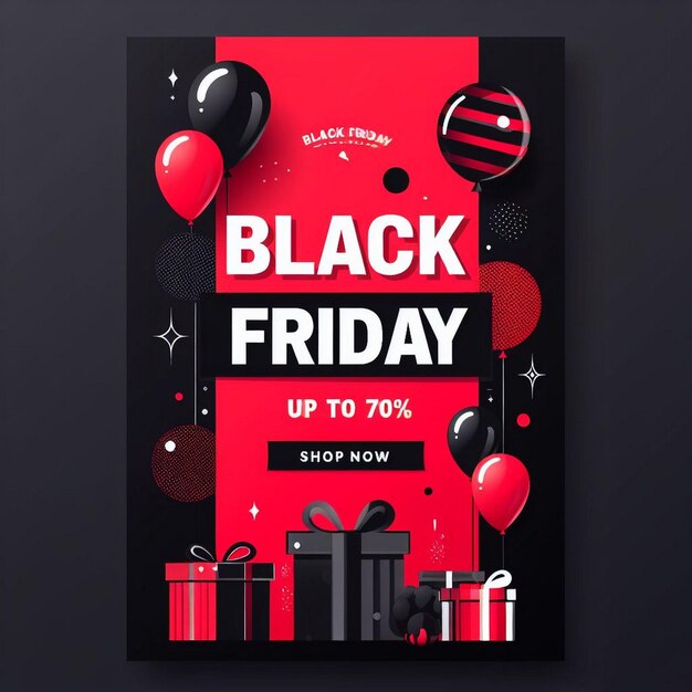 Photo design de bannière verticale du black friday avec des ballons et des cadeaux en vente noire