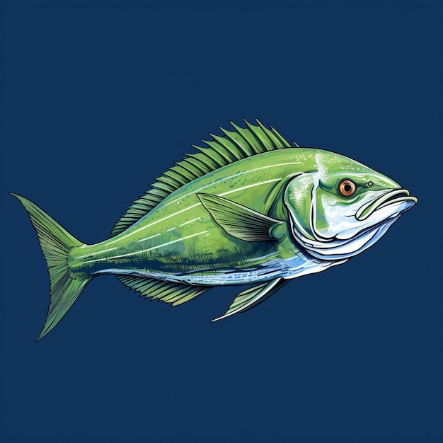 le design Blue Marlin de Marlin Designs présente une composition hyperréaliste d'un poisson dans une palette de couleurs indigo foncé et vert clair. cette illustration éditoriale présente une illustration détaillée des caractères