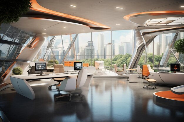 Photo design de bureau futuriste photo d'intérieur créative moderne créée avec l'ia générative