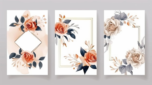 Design de carte avec des feuilles de rose et un cadre géométrique Poster floral et invitation Fond de carte de vœux décorative moderne