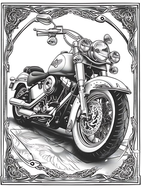 Design de carte postale de moto avec un cadre tranchant Design de style déco Outline Scribble CNC tatouage à l'encre Art