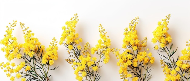 Design de carte de vœux de fleurs de mimose fraîches jaunes isolées sur fond blanc vue supérieure conception de carte de voeux Happy Easter Mother39s Day
