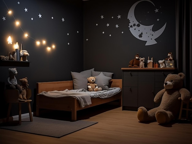 Design chaleureux dans une chambre d'enfant en bois sombre avec du mobilier créatif pour les enfants AI Generation