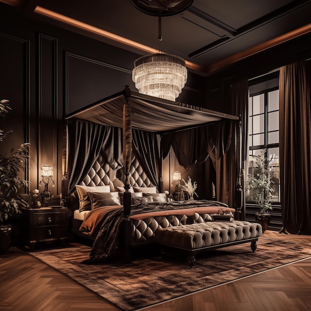 Design de chambre à coucher en combinaison de couleurs marron et noir