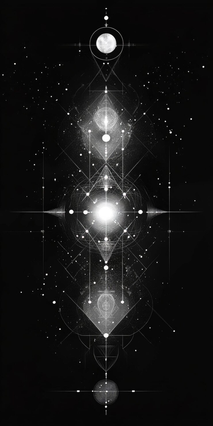 Photo design cosmique abstrait avec des motifs géométriques et des éléments célestes pour le papier peint de téléphone portable