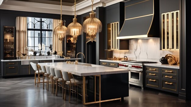 Design de cuisine glamour et élégant avec des éléments art déco luxueux