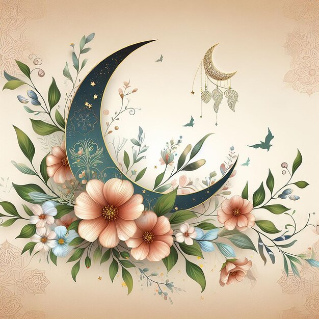 Photo le design du croissant de lune floral mélange les symboles naturels et traditionnels du ramadan