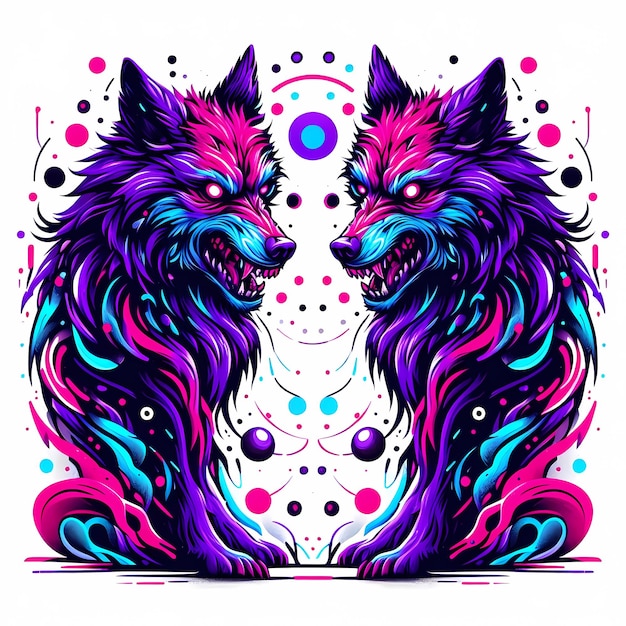 Le design du T-shirt Neon Nightmares est une illustration de deux loups zombies violets vibrants.