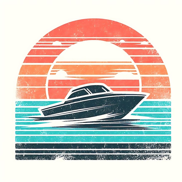 Le design du t-shirt de la silhouette du bateau au coucher du soleil