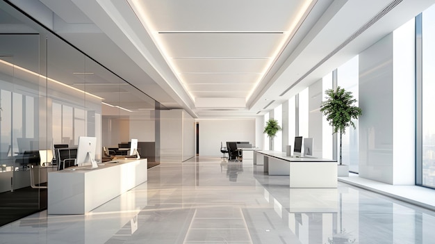 Design de l'espace de bureau de style minimaliste moderne Beaucoup d'espace et nécessite une sensation haut de gamme et de larges angles de vue De grandes zones du plafond et des murs sont blancs