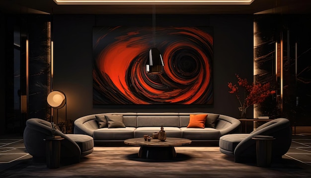 le design est audacieux avec des nuances de charbon de bois foncé et de brun dans le style des peintures à grande échelle