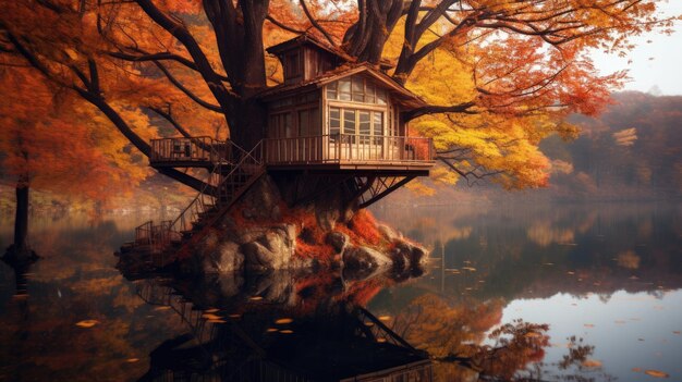 Photo le design extérieur de la cabane dans les arbres au bord du lac en automne generative ai aig30