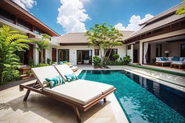 Design extérieur et intérieur montrant une villa avec piscine tropicale avec jardin verdoyant avec transat et ciel bleu