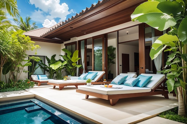Design extérieur et intérieur montrant une villa avec piscine tropicale avec jardin verdoyant avec transat et ciel bleu