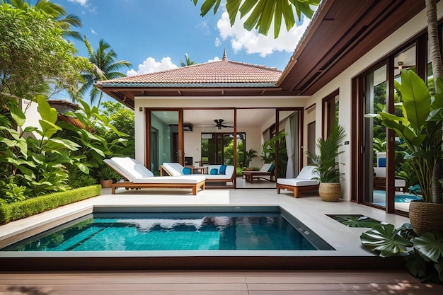 Design extérieur et intérieur montrant une villa avec piscine tropicale avec jardin verdoyant avec transat et ciel bleu