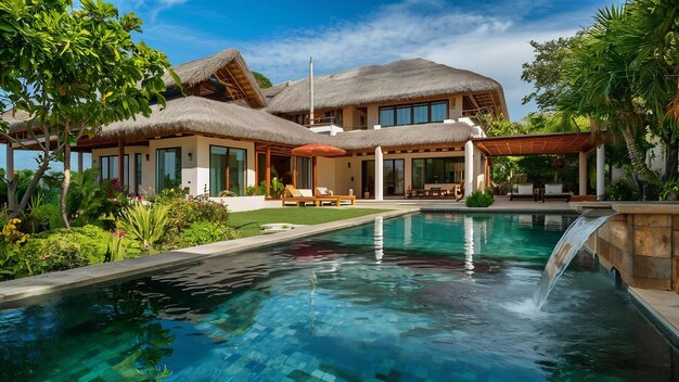Design extérieur de la maison ou de la maison montrant une villa à piscine tropicale avec un jardin verdoyant
