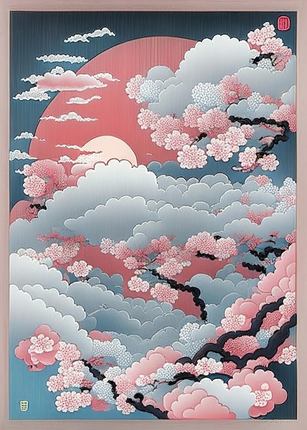 Design de fleurs de cerisier et de nuages dans des tons et des couleurs roses dans le style ukiyoe Illustration générée