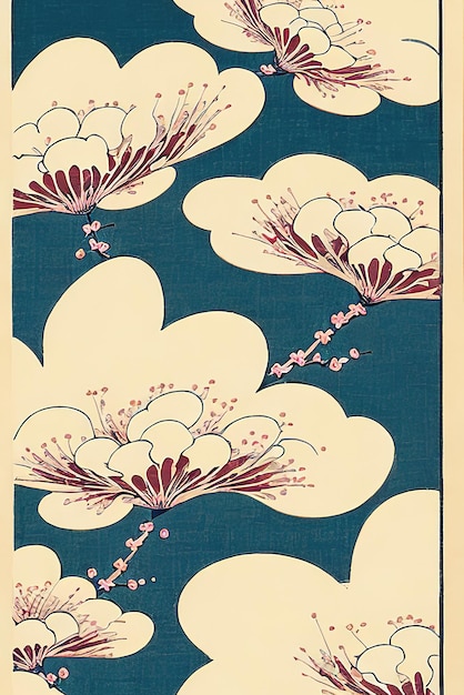 Design de fleurs de cerisier et de nuages dans des tons et des couleurs roses dans le style ukiyoe Illustration générée