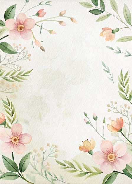 Design floral aquarelle minimaliste avec des fleurs pastel douces et des feuilles vertes sur un dos texturé blanc
