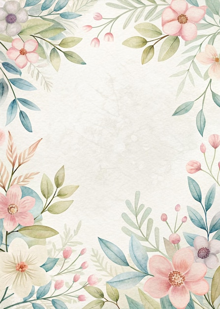 Design floral aquarelle minimaliste avec des fleurs pastel douces et des feuilles vertes sur un dos texturé blanc