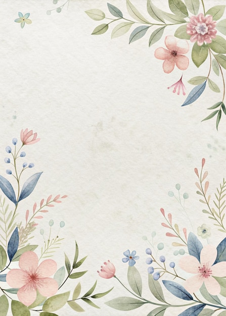 Design floral aquarelle minimaliste avec des fleurs pastel douces et des feuilles vertes sur un dos texturé blanc