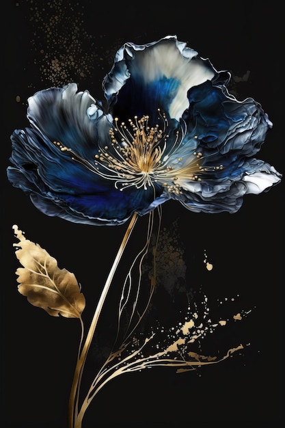 Design floral blanc bleu et or luxueux avec des lignes de peinture épaisses Generative Ai