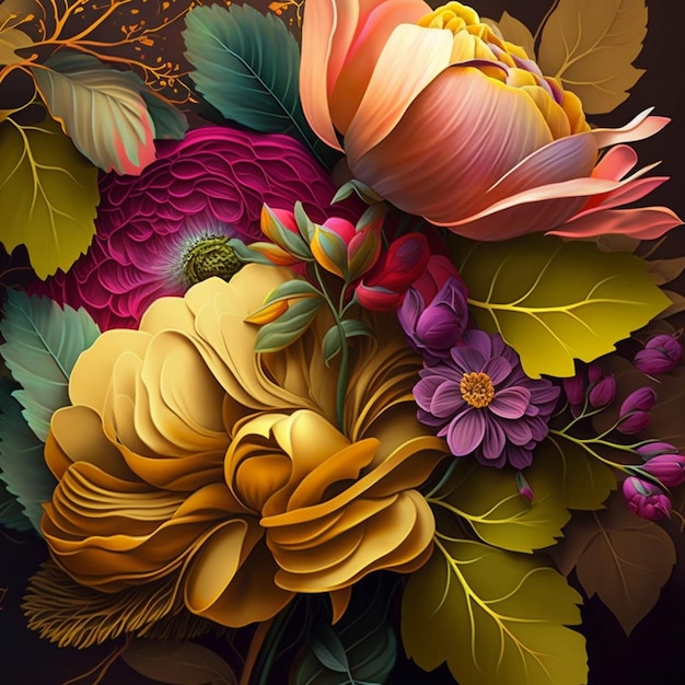Design floral vibrant original avec des fleurs exotiques et des feuilles tropicales Fleurs colorées sur fond sombre