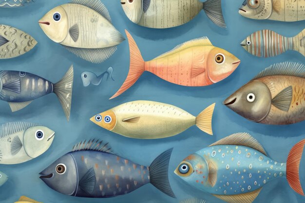 Photo design fluide et caricatural avec des poissons amusants textures inventives pour enfants suédois pour vêtements, emballages de papier peint et textiles toile de fond bleue et jaune pour une œuvre d'art 2d