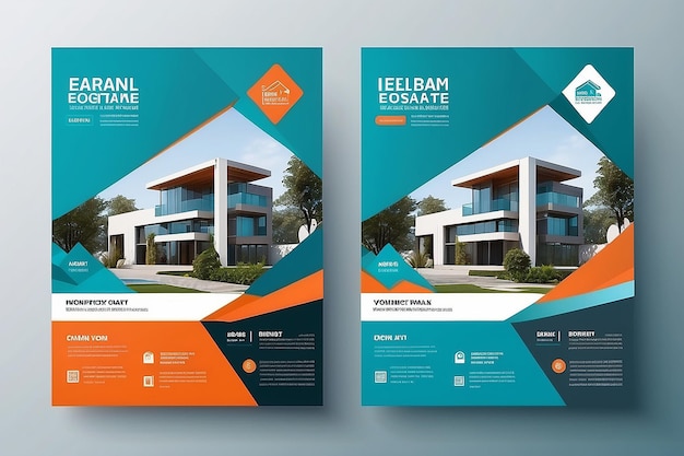 Design de flyer d'entreprise immobilière moderne modèle vectoriel à deux couleurs A4 taille teal couleur orange disposition de forme