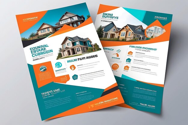 Design de flyer d'entreprise immobilière moderne modèle vectoriel à deux couleurs A4 taille teal couleur orange disposition de forme
