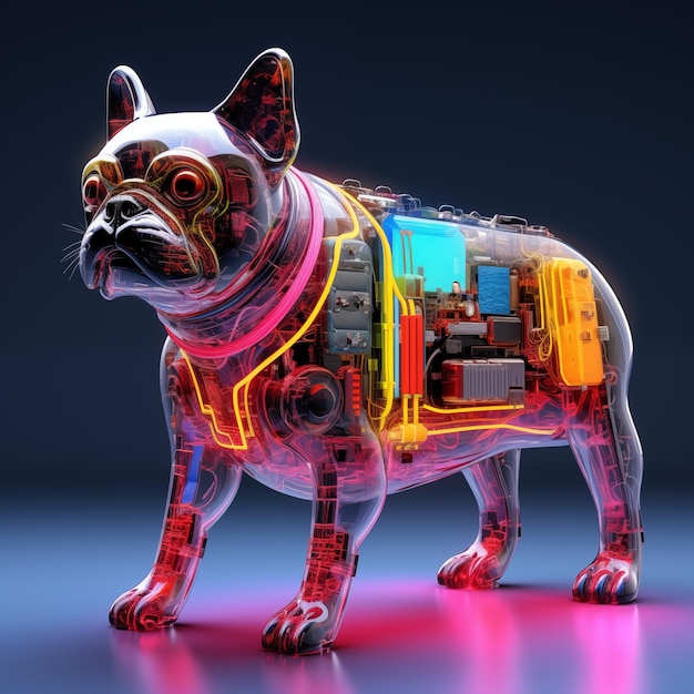 Design futuriste de bulldog robot AI avec une peau transparente et des composants de circuit électrique interne visibles