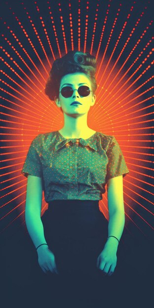 Photo design graphique vintage une femme avec des lunettes de soleil et des rayons de lumière