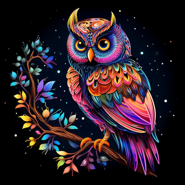 Design de hibou forêt enchantée lignes de néon angulaires plumes de lune sur Bla Clipart T-shirt design lueur