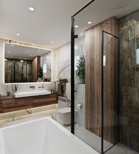 Photo design d'intérieur 3d d'une salle de bain moderne avec marbre et bois