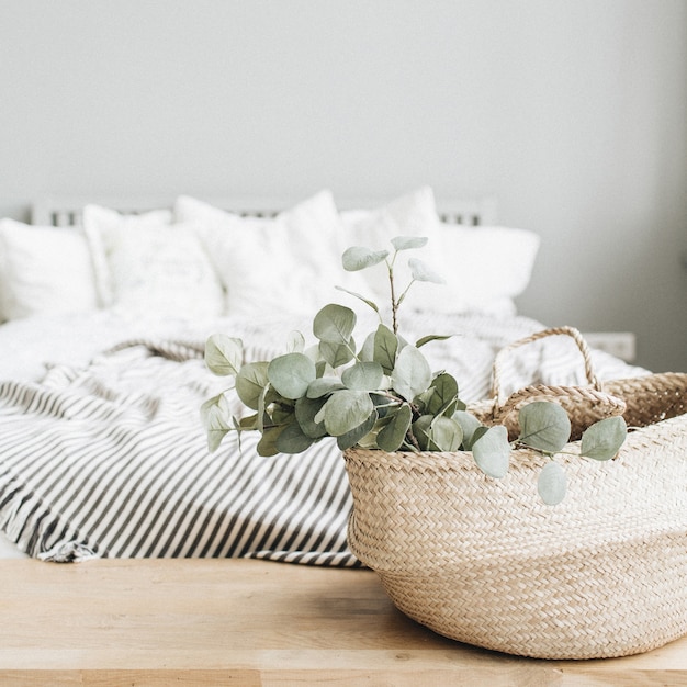 Design d'intérieur d'appartement moderne. Branche de lit et d'eucalyptus.