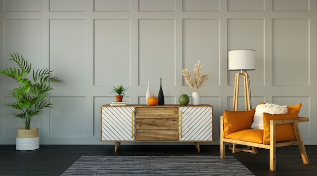 Design d'intérieur d'appartement moderne, salon avec un buffet et un fauteuil sur un mur blanc, rendu 3d