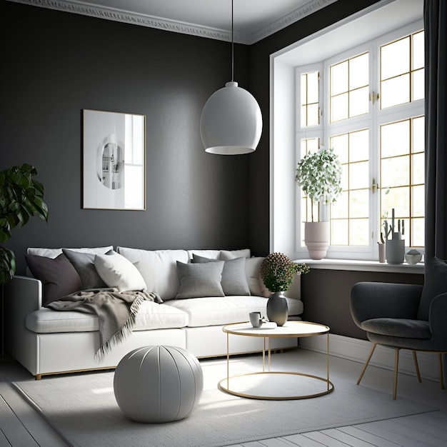 Design d'intérieur d'appartement scandinave contemporain Canapé blanc et contrastes muraux en stuc foncé dans le salon avec vue sur la fenêtre AI générative